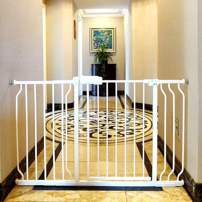 ALLAIBB Extra Wide Pressure Mount Baby Gate Auto Close White Metal Child Dog Pet Safety Gates with Walk Through for Stairs,Doorways,Kitchen and Living Room(48.03-52.76"/122-134cm)