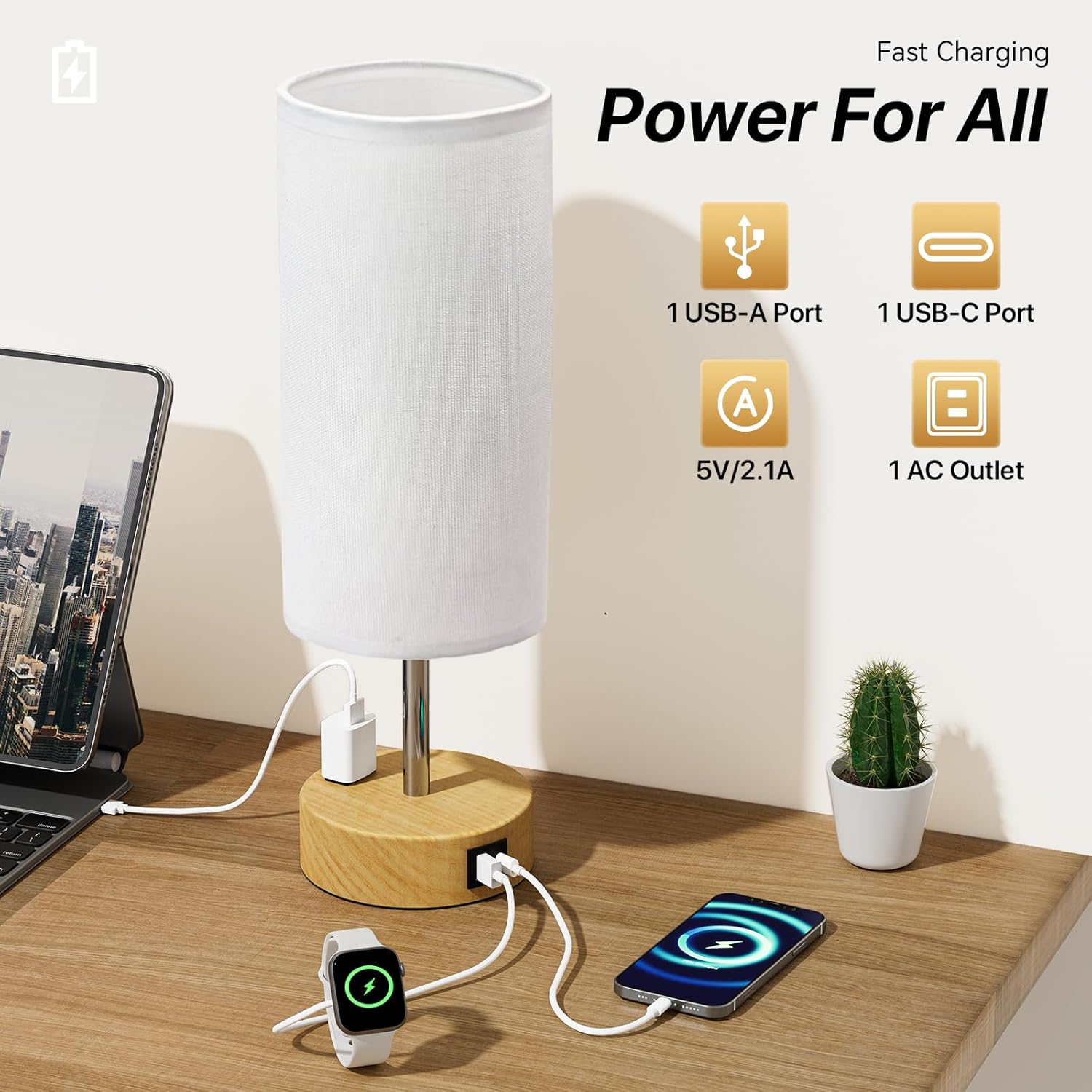 KPQ Small Bedside Lamp Touch Control Table Lamp with USB A+C Charging Ports & AC Outlet 3-Way Dimmable Nightstand Lamp with Linen Fabric Shade for Bedroom Living Room