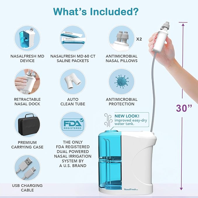 NASALFRESH MD Premium Bundle–Dual Powered Nasal Irrigation System Nasal Rinse and Wash, Sinus Decongestant Relief System, 60 Saline Packets, Case, Rechargeable, 2 Sets of Nose Pillows–Snoring Remedy