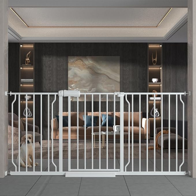 TSAYAWA Extra Wide Walk Through Baby Gate with Door, 62-67 Inch Wide Presure Mounted No Drill Metal Auto Close Child Gate for Stair Doorway - Indoor Outdoor Safty Gate for Toddler Dog Doggie, White