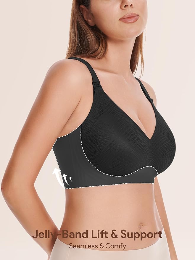 Angelhood Nursing Bras for Breastfeeding, Seamless Wireless Comfort Push up Lace Nursing Maternity Bralette for Pregnancy