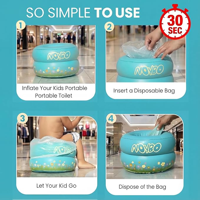 Travel Potty Seat for Toddlers - Inflatable Portable Toilet Kids Chair, Foldable Compact Lightweight Potty for Camping Road Trips, Outdoor Car Travel, Holds 66 lbs and 20 Durable Disposable Bags