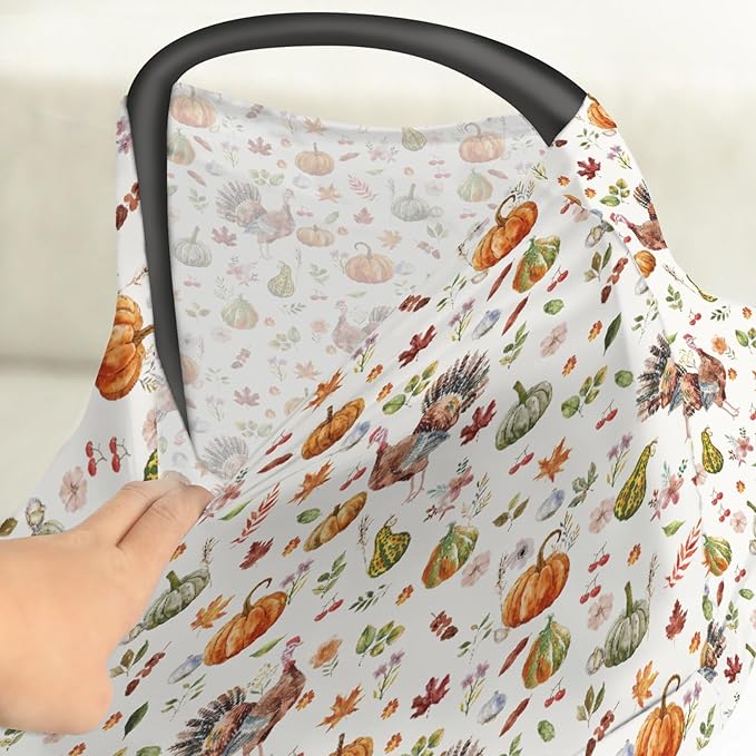 Thanksgiving Turkey Pumpkins Car Seat Covers Vintage Autumn Leaves Stretchy 5-in-1 Cover Adjustable Infant Carseat Cover Canopy Fall Harvest Breathable Nursing Cover-Up