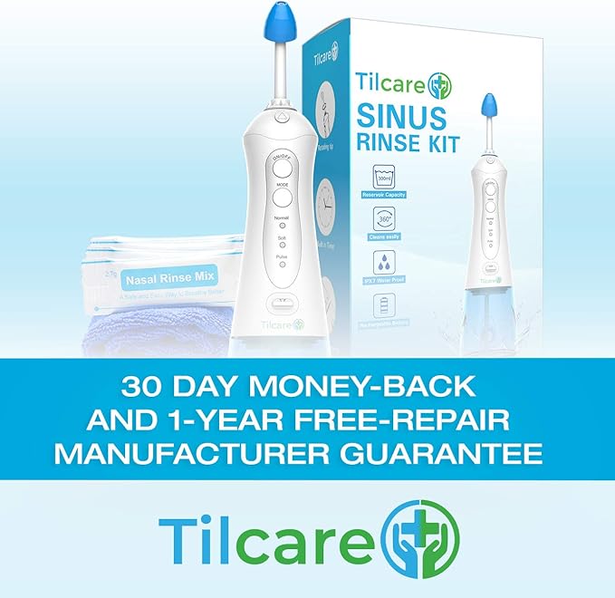 Nasal Irrigation System by Tilcare - Perfect Nasal Rinse Machine for Sinus & Allergy Relief - Electric Neti Pot for Nasal Irrigation to Cleanse Your Stuffy Nose - Comes with a Towel and 30 Salt Packs