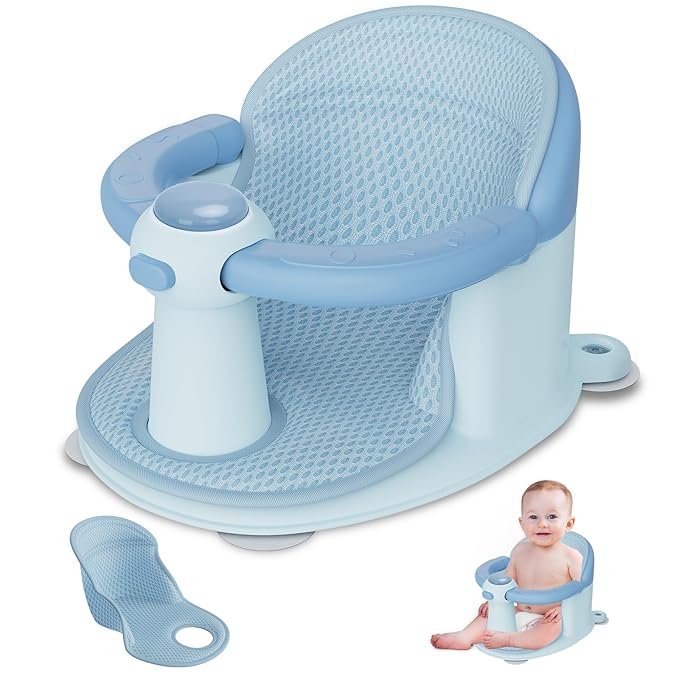Baby Bath Seat for Babies 6 Months & up, Soft Cushions, Non-Slip Baby Bath Seat, Safe & Comfortable Baby Bath Support, for Bathtub/Living Room/Shower Room (Blue)
