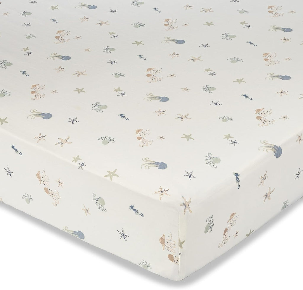 Crane Baby 100% Cotton Animal Nursery Sheet with Jellyfish Design, Neutral Crib Sheets, Fitted Toddler Sheet, 28" x 52"Standard Size Sea Life Crib Sheet