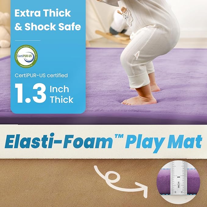 1.3" Thick Baby Play Mat for Floor, 39x59 Foam Tummy Time Mat, Padded Support Soft Plush Nursery Rug for Infant Kids Toddler Crawling Kick Activity (Lavender)