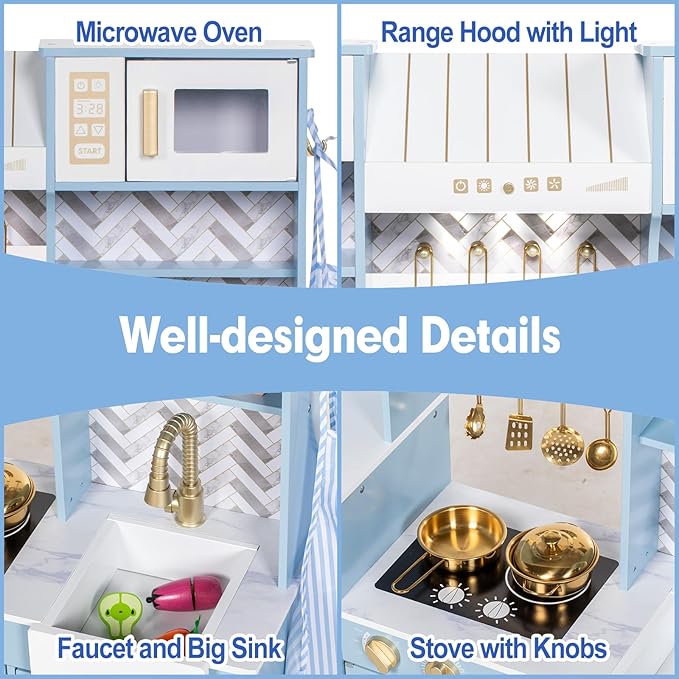 Play Kitchen for Kids, Wooden Children Kitchen Playset w/Coffee Maker, Oven, Stove, Sink, Apron, Ice Maker, Cookware, Kids Toy Kitchen Set for Toddler Girls Boys Pretend Play Toy Gift Ages 3+