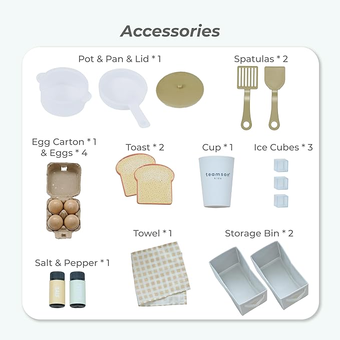 Teamson Kids Little Chef Savannah Wooden Montessori Pretend Play Kitchen for Toddlers Kids Ages 3+ Modular Three-Piece Set with Sink Cart Stove & Fridge for Boys and Girls Playset, Green