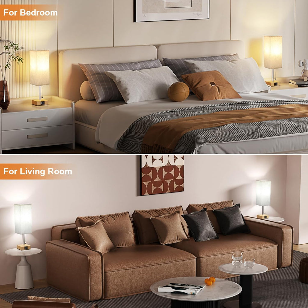 Wood Grain Bedside Table Lamps Set of 2 - Bedroom Lamps with 3 Color Temperatures (3000K/5000K/4000K), Square Nightstand Lamp with USB C + A Charging Ports