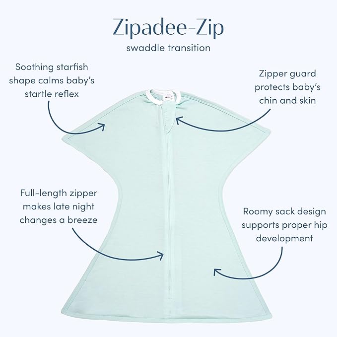 SleepingBaby Zipadee-Zip Transition Swaddle - Cozy Baby Swaddle Blanket with Zipper Convenience - Roomy Wearable Blanket for Easy Diaper Changes - Classic Mint, Large (12-24 Month)