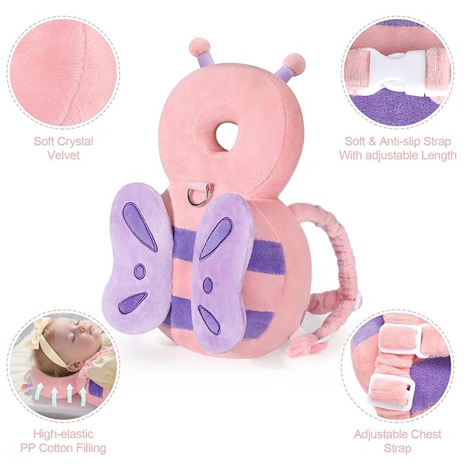 Baby Head Protection Backpack with Leash, Anti Lost Toddler Protector Padded Pillow Carrier for Crawling Walking, Cute Butterfly Kid Harness Strap Infant Cushion Pad for 6-18 Months Boys Girls (Pink)