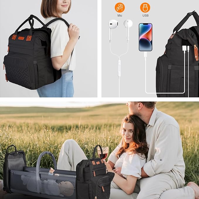 Diaper Bag Backpack, with Changing Table Backpack, 900D Oxford Cloth, Large Capacity Diaper Backpack, 3 in 1 Multifunctional Travel Baby Diaper Backpack (Large Black)