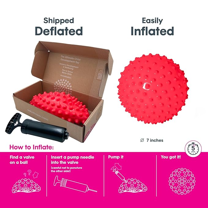 Edushape The Original Sensory Ball for Baby - 7" Deflated with Pump Red Color Baby Ball That Helps Enhance Gross Motor Skills for Kids Aged 6 Months & Up - Colorful Unique Toddler Ball