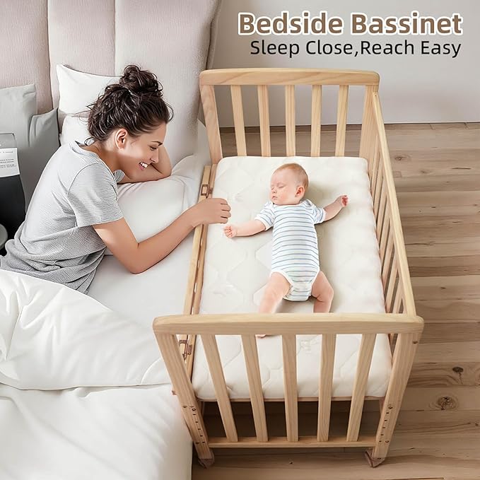 Baby Bassinets Bedside Sleeper - Portable Pine Wood Bedside Bassinet,6 Heights Small Mini Crib with Mattress,Space-Saving Design Baby Crib for Newborns 0-12 Months,Unpainted