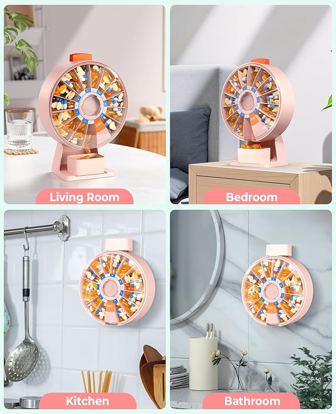 Daviky Pill Dispenser Daily, Large Pill Organizer with Wall-Mounted or Standing Use, 14 Days Pill Container, Push Button Design, Weekly Pill Box for Vitamin, Medicine,Supplement, Fish Oil(Pink)