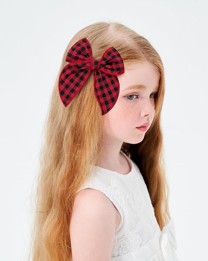 Doboi 8PCS Baby Girls Hair Clips Large Christmas Fable Hair Bows Cotton Linen Bows for Girls Gingham Hair Accessories for Baby Toddlers Kids