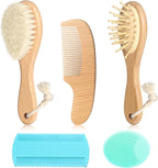 Goat Baby Hair Brush Set, Wooden Comb Massage Scalp Comb, Safe Natural Hair Care Kit, Soft Silicone Bath Brush for Newborns Toddlers (Brush Set+ Green Massager)