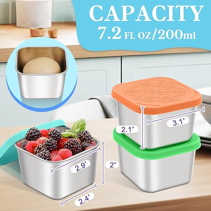 Stainless Steel Snack Containers for Kids,7.2oz Easy Open Leak Proof Reusable Snack Box Container with Lids,Small Lunch Containers for Meal Prep,School,Picnic and Travel-3Pack