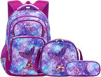 Cusangel Purple Mermaid 3pcs Set with Lunch Box Pencil Case,Multi Compartment Backpack, Dinosaur Backpack Chest Strap Side Pockets 16 Inch