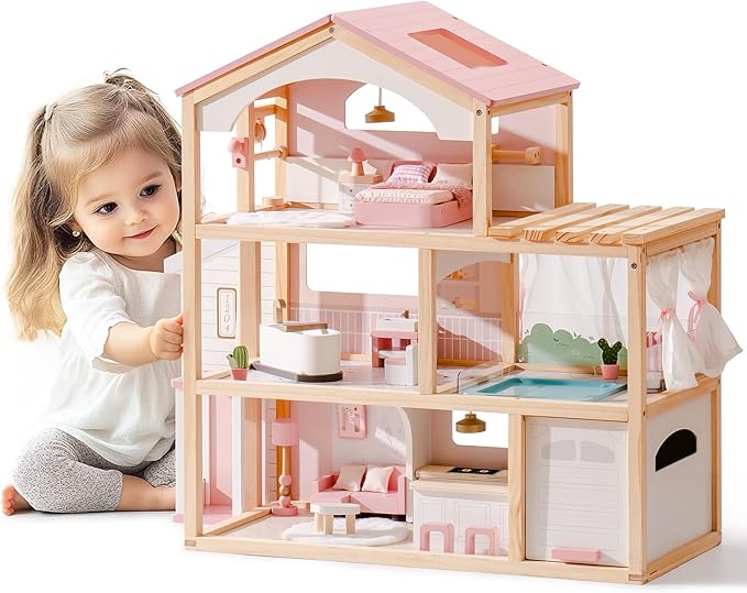 ROBOTIME Wooden Dollhouse, Doll House with 29 Pieces Furniture Set - Pool and Elevator, Wooden Doll House for 4, 5, 6-Inch Dolls, 6 Rooms Pink Dollhouse Gift for Kids Girls Ages 3+ (Pink)