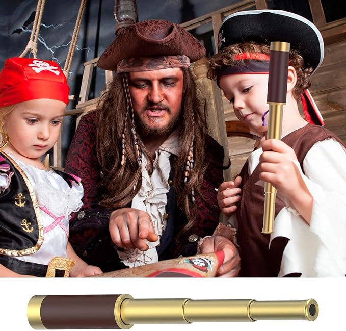 Pirate Spyglass Telescope Pocket Compass Kids Toys Set for Pirate Party, Retro Pirate Telescope Zoomable 25x30 Spyglass with Pirate Pocket Compass for Pirate Party Supplies