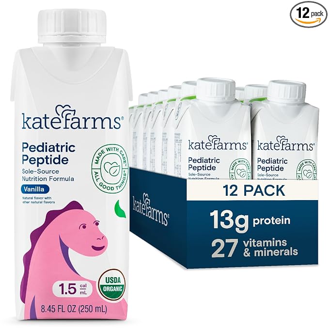 KATE FARMS Organic Pediatric Peptide 1.5 Formula, Vanilla, Sole-Source Hydrolyzed Plant-Based Nutrition for Oral or Tube Feeding, 8.45 oz (12 pack)