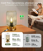 Touch Table Lamp for Nightstand - Small Bedside Lamps for Night Stands Bedroom Living Room, Dimmable Rechargeable Desk Lamp Battery Operated with Clear Glass Shade, Bulb Included