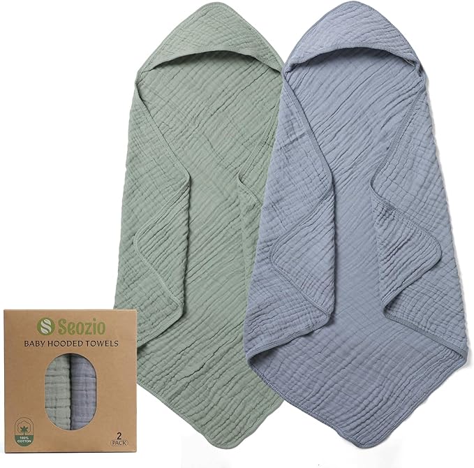 Hooded Baby Bath Towels for Newborn, 2 Pack 100% Cotton 32x32Inch Baby Bath Towel with Hood for Babies, Infant, Toddler and Kids, Soft and Absorbent Newborn Essential (Green and Grey)