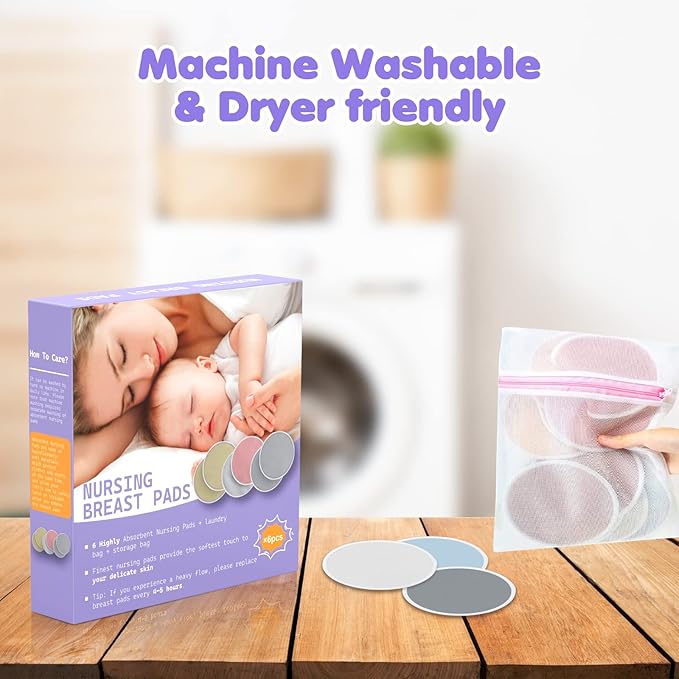 6 PCS Reusable Nursing Pads – Washable Breast Pads for Breastfeeding, Soft & Super Absorbent with Laundry Bag and Travel Bag, Nipple Pads for Postpartum Essentials