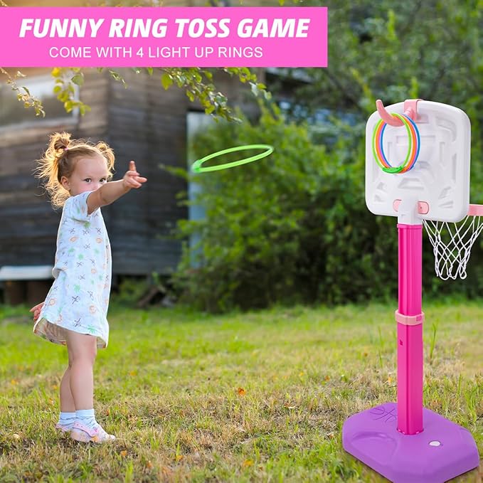 Meland Toddler Basketball Hoop, Pink 4-in-1 Kids Basketball Hoop for Indoor Outdoor Play, Tball Set with Baseball Pop Up Machine, Girls Toys Birthday Gift