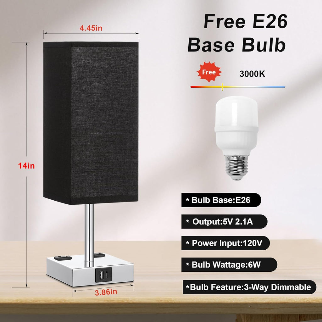 Touch Bedside Table Lamp for Nightstand - 3-Way Dimmable Night Lamp with USB A + Type C Charging Ports and Two AC Outlets, Small Desk Light with E26 LED Bulb for Bedroom Living Room Dorm Office,Black