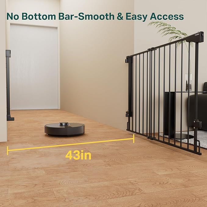 Cumbor 2 Pack 29.2-43" No Bottom Bar Baby Gate for Stairs, 2-in-1 Auto Close Dog Gate Indoor, Hardware Mounted Pet Gate for Doorways with Large Walk Thru Door, Child-Proof Safety Gate for Kids (Black)