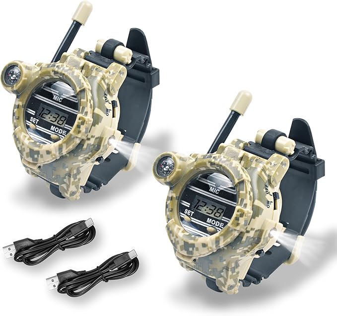 Walkie Talkies for Kids Rechargeable, Spy Watch Army Toys, 7 in 1 Walkie Talkie Watches with Flashlight, Two-Way Radios Long Range Interphone Toy Gifts for Boys Girls fit Outdoor Game Camping