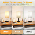 Small Linen Bedroom Lamp - 3 Color Temperature 3000K 5000K 4000K Bedside Lamp, Pull Chain Control, USB A and C Charging Ports, Black Base, for Kids Office Dorm, Bulb Included