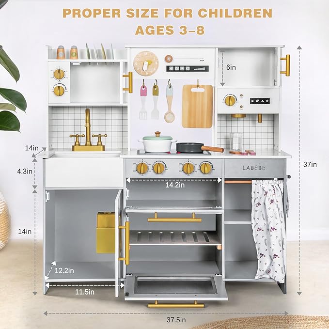 Labebe Wooden Kids Play Kitchen, Toy Kitchen Set with Plenty of Play Features & Cookware, Toddler Kitchen Playset Designed in Trendy Home Style for Boys Girls