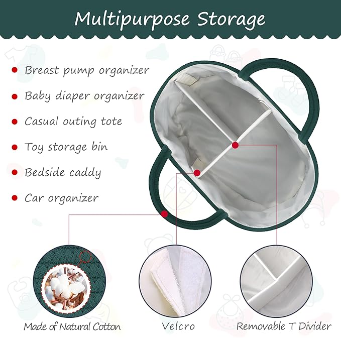 COMSE Large Baby Diaper Caddy Organizer for Girl Boy, Car Caddy with Handles, Cotton Rope Basket for Changing Table, Nursery Organizer, Gift for Baby Shower and Registry Must Have, Dark Green