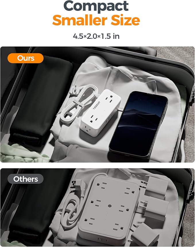 TESSAN 5 FT White Extension Cord, 900J Surge Protector Small Power Strip with 3 USB Ports (1 USB C), Flat Plug Power Strip, Mini Charging Station Suitable for Home Office Dorm