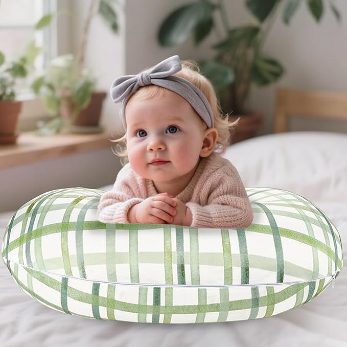 Nursing Pillow Cover, Removable Nursing Covers for Breastfeeding Pillows, Stretchy and Soft Fit for Baby Girls Boys Newborn, Green Grid (Only Cover)