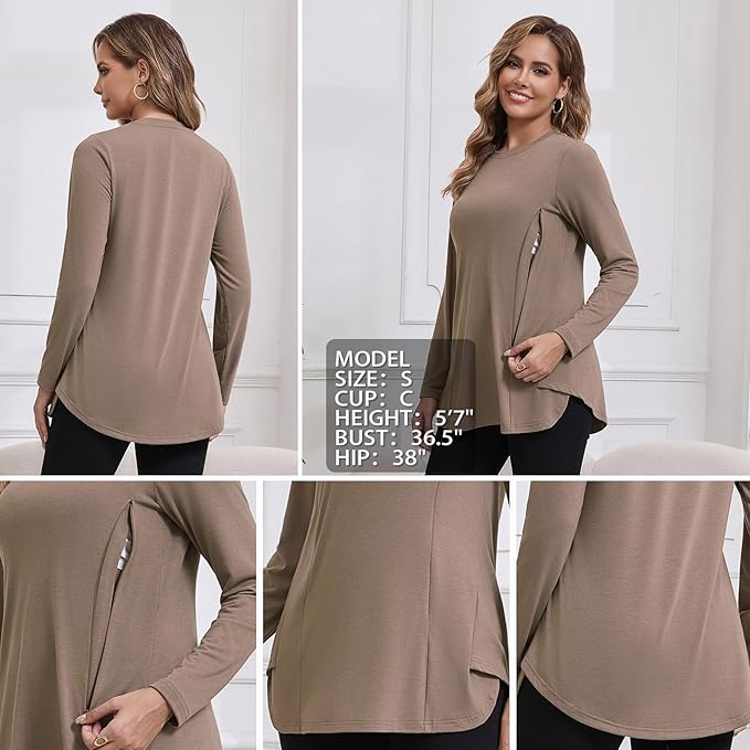 GINKANA Women's Nursing Shirts Long Sleeve 3 Packs Hidden Zipper Breastfeeding Pumping Tops Side Split Maternity Clothes