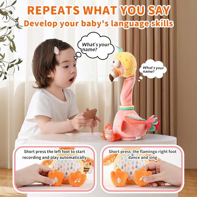 Jollybaby Plush Talking Singing Dancing Musical Flamingo Toy for Toddlers 1-3 Just Like Cactus Toy, Music Mimicking Interactive Toy for Crawling Kids, Sensory Stuffed Toy Gift for Baby 0-6-12 Month