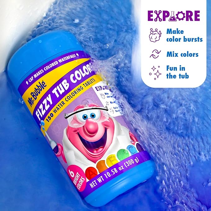 Mr. Bubble Fizzy Tub Colors Bath Water Coloring Tabelets, 6 Bright Colors, Red, Orange, Yellow, Purple, Blue and Green, Fragrance Free, Cap Makes Colorful Waterfall (3 Jars, 150 Tablets Each)