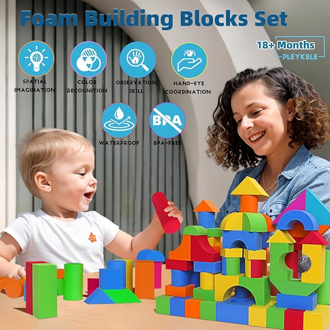 Soft Building Blocks for Toddlers 2-4, 94PCS Foam Stacking Blocks, Bath Toys for Kids, Preschool Learning STEM Toys & Gifts for Boys & Girls 18+ Months