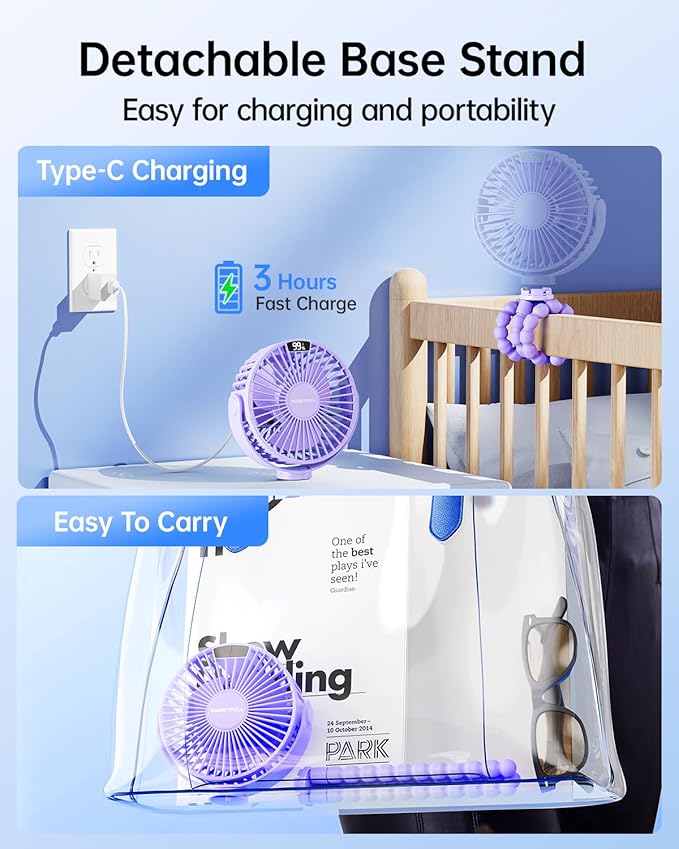SWEETFULL Portable Stroller Fan with Display 4000mAh Battery Powered Mini Clip On Fan, 4-Speed Rechargeable Small Personal Cooling for Baby Car Seat Crib Travel - Purple