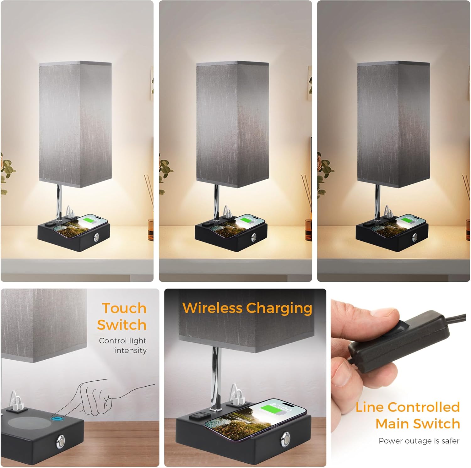 Wireless Charging Touch Control Table Lamp, Bedside Nightstand Lamp with USB Charging Port & AC Outlet, 3 Brightness Levels Adjustable, Suitable for Bedroom, Living Room, Office, LED Bulb Included