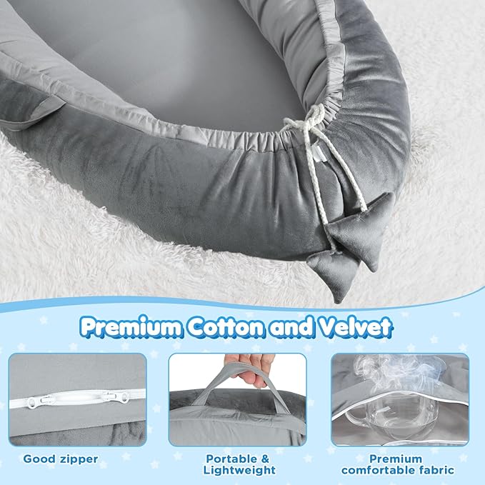 Baby Lounger - Baby Lounger for Newborn 0-24 Months, Breathable & Soft Cotton and Velvet Cover Baby Nest, Portable Tummy Time Lounger for Home and Travel, Ideal Baby Essentials & Shower Gifts