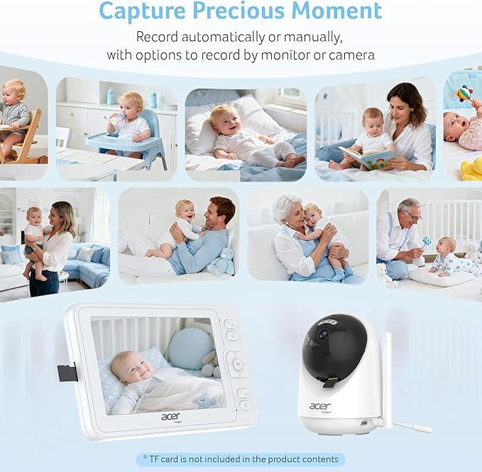 acer Smart Baby Monitor 5” No WiFi Baby Monitor with 1080P Camera and Audio for Crib 1000ft Range Remote Pan Tilt Night Vision, Temperature Sensor, 8 Lullabies, 2-Way Talk, Video Recording, VOX