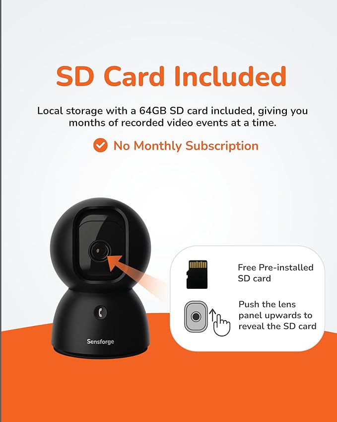 Sensforge 2.5K Black Indoor Pan-Tilt Dome Security Camera, AI Human & Pet Detection, 360° Coverage, Two-Way Audio, Dual-Band Wi-Fi (2.4G/5G), 64GB SD Card Included, No Monthly Fees