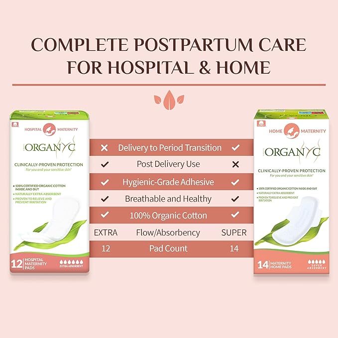 Organyc Hospital Postpartum Pads, 100% Certified Organic Cotton Inside and Out for Women, for First Days After Delivery, 12 Counts