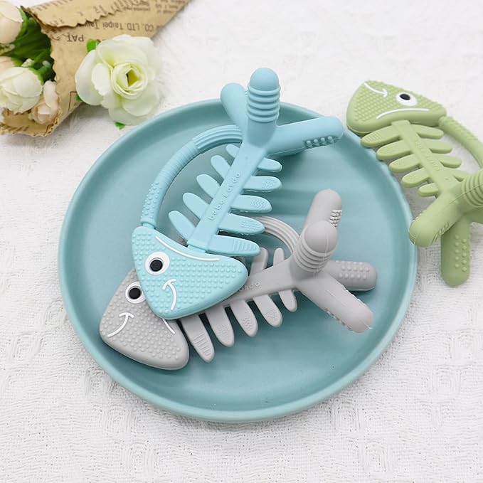 Infant Toys, Teething Toys for Babies 0-6 Months, Baby Teether 3D Fish Hand Pacifier Silicone, Soft-Textured Newborn Infants Baby Toys for Teething Relief 6-12 Months, USA Patent Pending(Grey)